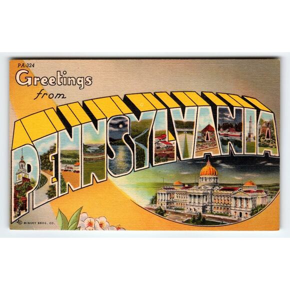 Vintage Large Letter Greetings from Pennsylvania Linen Postcard PA-324 Minsky - Picture 1 of 2